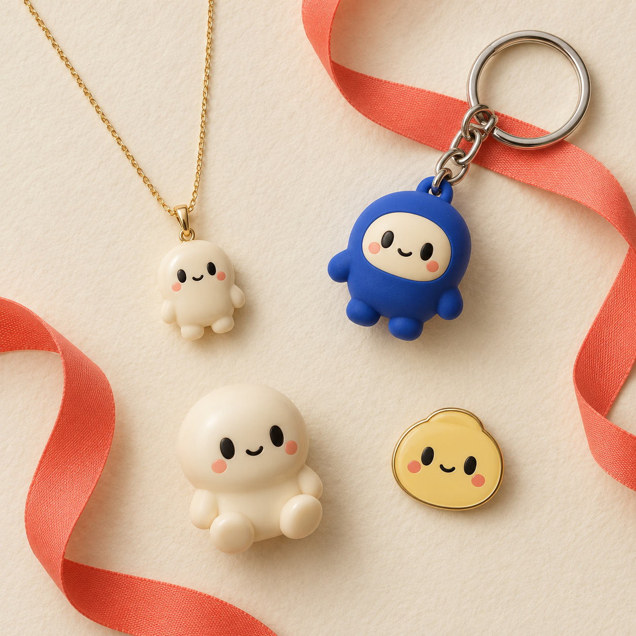 Muse pendant, cobalt keychain, seated desk toy, and yellow pin on a cream background